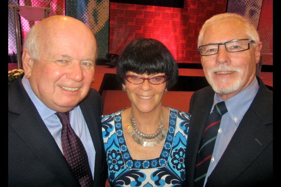 Co-chairs Don Babick (l) and Scott Macrae welcomed keynote columnist Christie Blatchford, who deliciously dropped C and F bombs at the Jack Webster Awards.