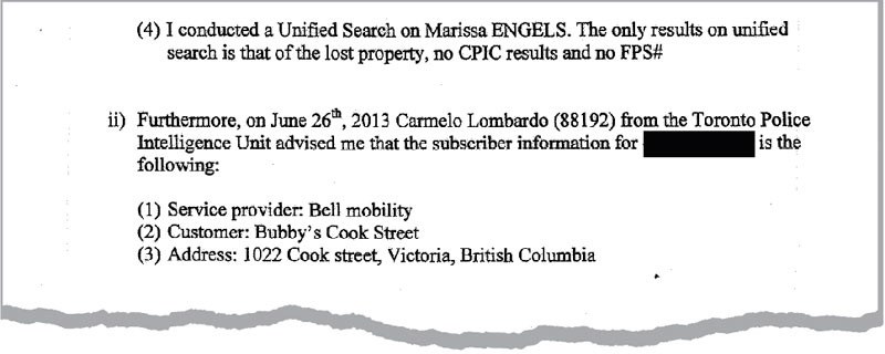 Phone number linked to a Victoria bakery, blacked out here, is noted in a document. Toronto Police