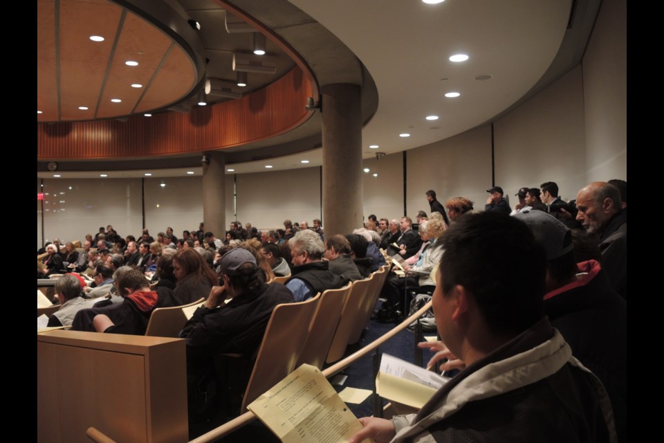 Standing room only at city hall`s council chambers for Monday night`s long-awaited public hearing