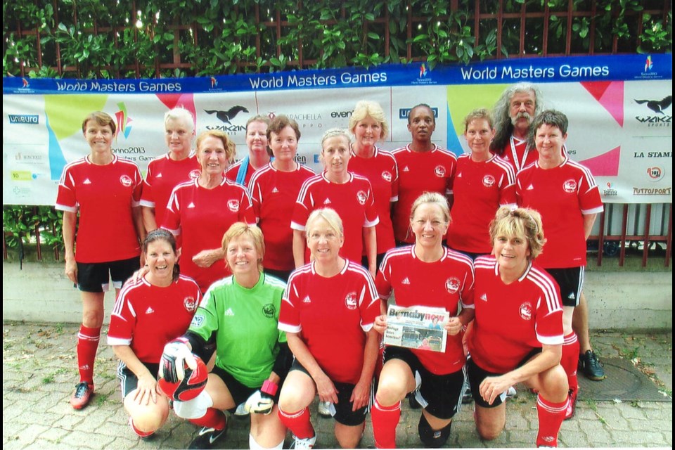 The Burnaby Thirty-Something Women’s Soccer League played against the Women’s 50-plus division of the World Masters Games in Torino, Italy this past August. Back row, from left: Maggie Newton, Nancy DallaBenetta, Pat Sedgewick, Karen Henderson, Chris Scott, Sandy Rodriguez, Sue Summerskill, LaNein Harrison, Cathy Romans, coach Lyn Jones and Betty Servis. Front row, from left: Tracy Saunders, Carol Miller, Donna Varrick, Catherine Bazilli, Lennie Jackson.