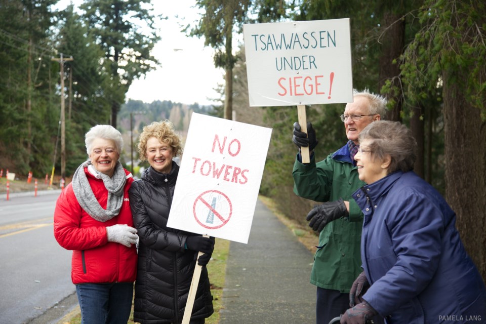 Residents on both sides of the border were out in force Sunday afternoon to protest a highly controversial proposal by BBC Broadcasting Inc. to construct five 150-foot steel towers at an undeveloped lot on McKenzie Way, just west of Tyee Drive in Point Roberts, WA, in close proximity to the border with Tsawwassen.