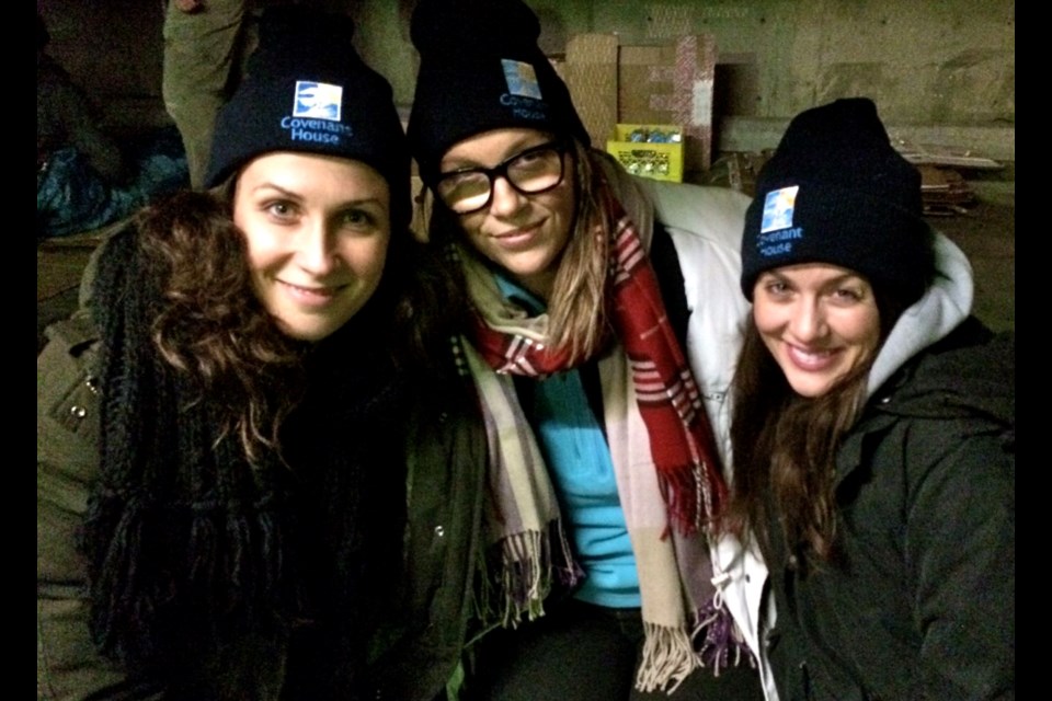 From left, FASHION editor Joy Pecknold, publicist Carine Redmond and designer Jillian Harris participated in the Covenant House Sleepout to raise funds and awareness for the youth crisis shelter.