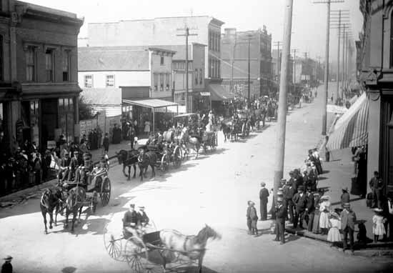 Parade on Cordova Street near Cambie in 188-. Photographer/studio: Bailey Bros. courtesy of Vancouver Public Library, 19826.