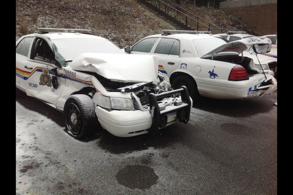Casualties: Six RCMP cruisers and a City of Burnaby speed watch van were damaged on Sunday morning. A Surrey man allegedly stole a five-ton rental truck and went on a rampage through the parked cars at the Lougheed community police office.