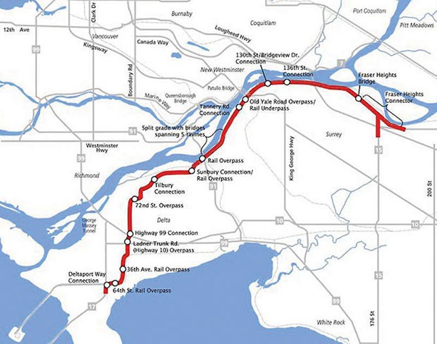 The South Fraser Perimeter Road is a 40-kilometre route that will stretch from Deltaport Way in South Delta to the junction of 176th Street and Highway 1 in Surrey.