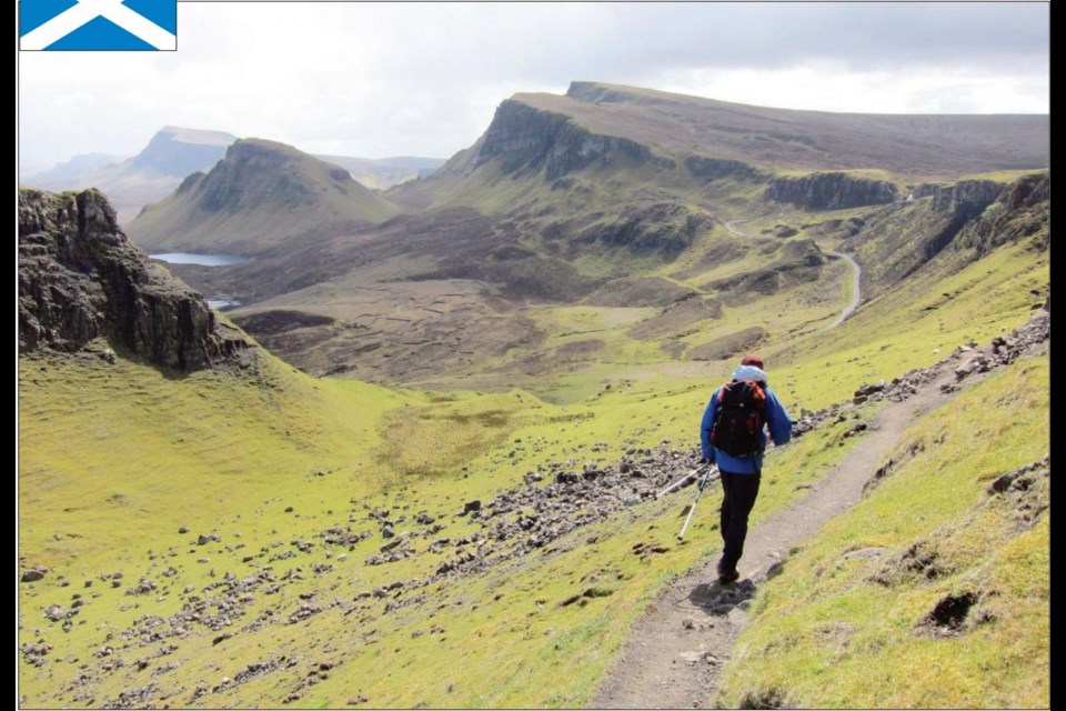 A hiking trail traverses the rugged Quiraing region on the Isle of Skye. The island is about 100 kilometres long.