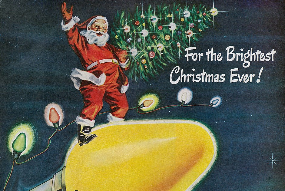 A magazine ad from the 1950s features Santa riding atop a General Electric light bulb.