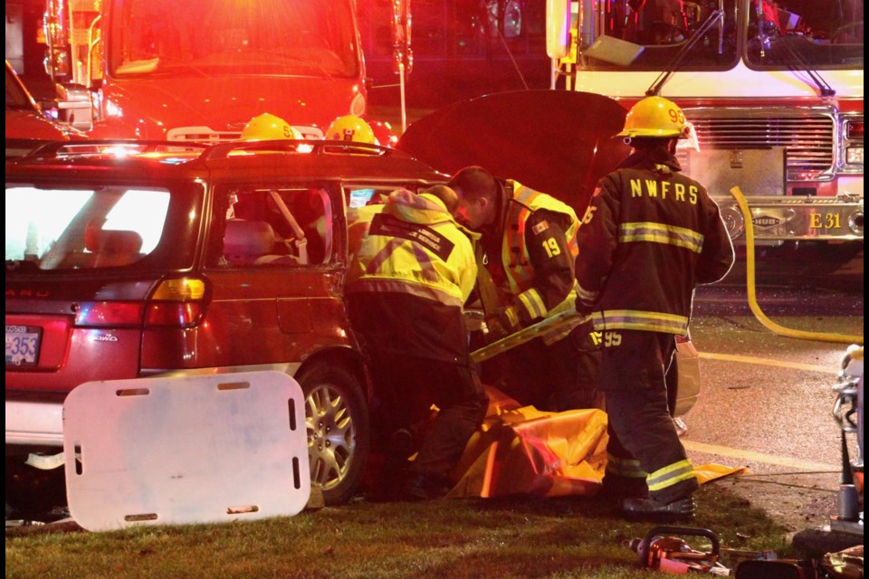 Crash: Police in New Westminster are investigating two collisions on McBride Boulevard on Sunday. The second, pictured here, happened when a driver attempted an illegal left turn on to Sixth Avenue and was t-boned by an oncoming car.