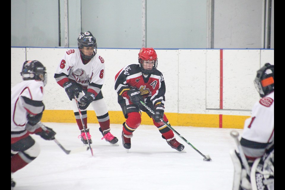 01-05-2014 Peewee house hockey between Burnaby Minor (white) and New Westminster at Kensington arena. photo Jason Lang