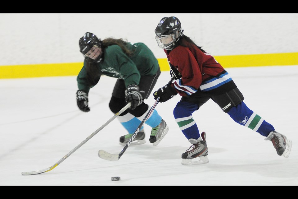Hamber skater Zoe Luke (in red) tries to out-step Van Tech defender Emily Primerano in a pre-season exhibition game at Britannia Ice Rink Jan. 6.