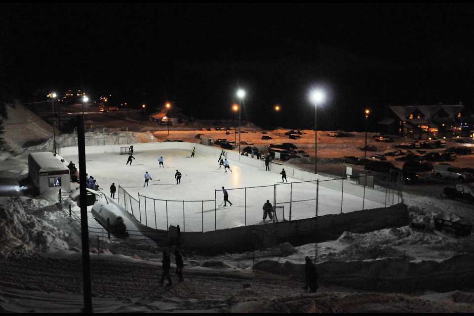 The outdoor National Hockey League-sized hockey rink at Apex Mountain Resort in Penticton, British Columbia once belonged to the Vancouver Voodoo roller hockey team up until the Roller Hockey International league folded in 1996. Photograph by: Rebecca Blissett