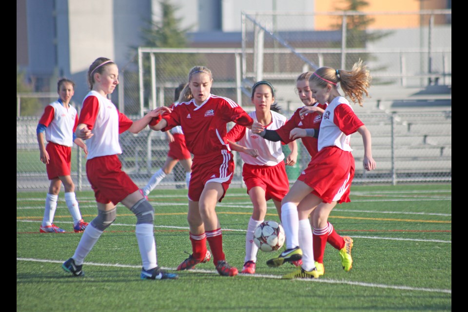 01-19-2014
Burnaby Selects (red) u13 girls vs. Port Moody Extreme. Photo: Jason Lang