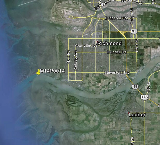 This Transportation Safety Board map indicates (yellow peg) where the ship ran aground.