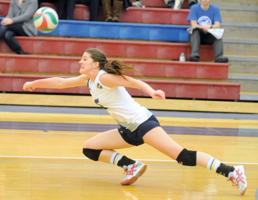 Sara Pettersson of the Capilano University volleyball team makes a diving play in a win over Columbia Bible College Friday night at the at the Sportsplex.