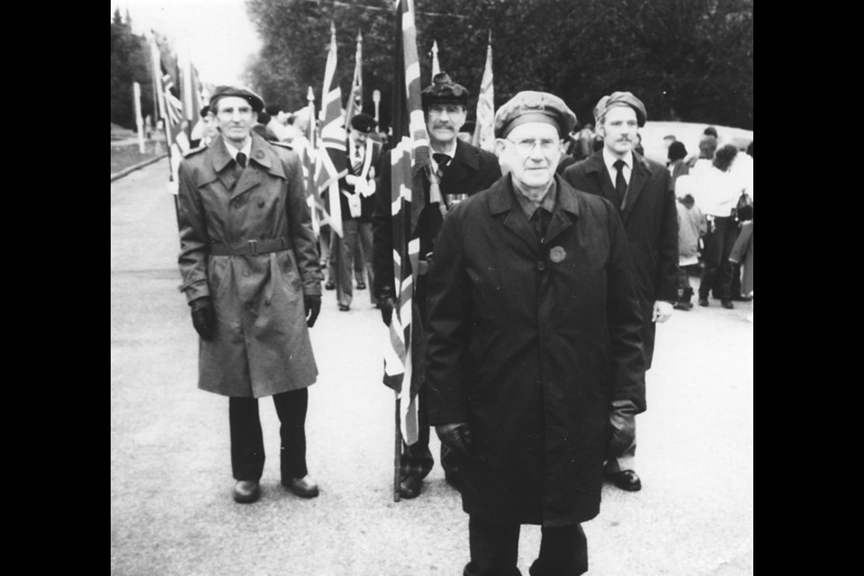 Then: William Francis "Bill" Price, leading his last Remembrance Day parade in 1989.