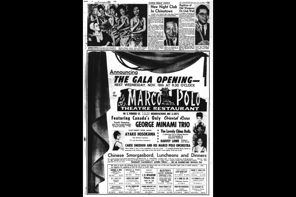 A newspaper ad for the 1964 grand opening of the Marco Polo club, billed as “Canada’s Only Oriental Revue.”