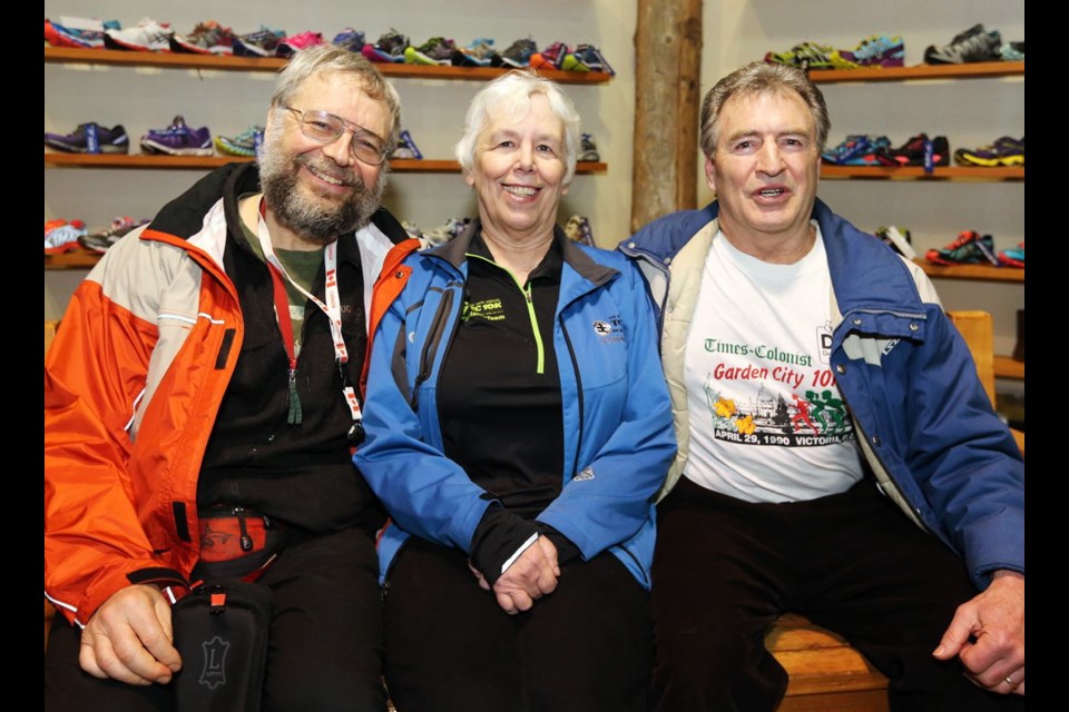 Jim Kirby, left, Helen Jacques and John Coates attend the kick-off press conference for the 2014 Times Colonist 10K. Coates has run in every TC 10K since the first one, and this year, has inspired 26 of his Swan Street neighbours to do the same. The race takes place on April 27.