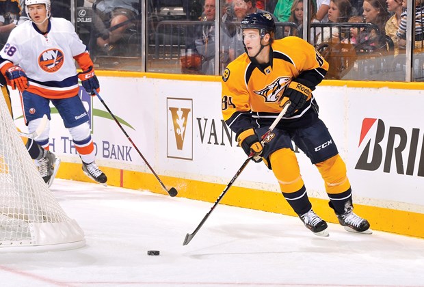 North Vancouver's Colton Sissons heads up ice during a game with the Nashville Predators. The 20-year-old made his NHL debut with the Predators last week, picking up an assist in a 4-3 win over the Jets in Winnipeg.