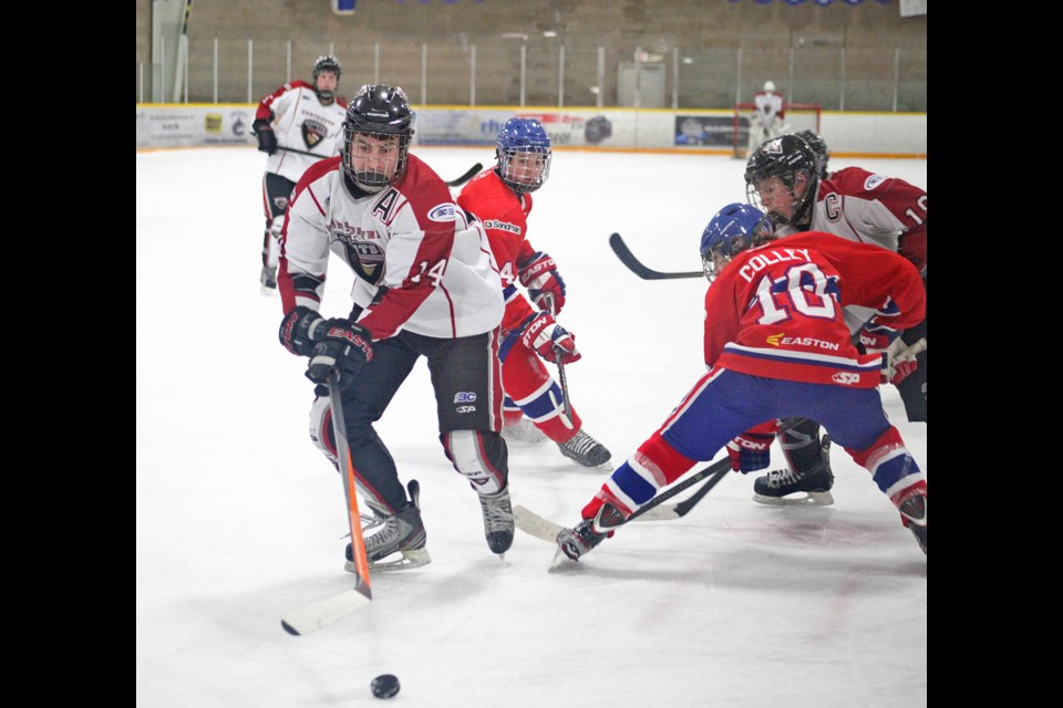 02-02-2014 Northwest Giants (white) vs. Northeast Chiefs, BC major midget hockey at BWC.
photo Jason Lang