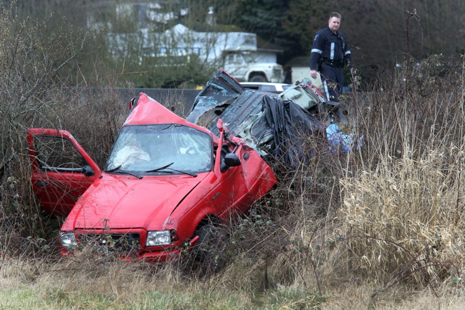 A Central Saanich man was killed when his red truck jumped a centre median on the Pat Bay Highway and collided with an oncoming vehicle on Monday. Feb. 10, 2014.