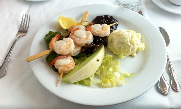 Shrimps and scallops lunch served on The Canadian train