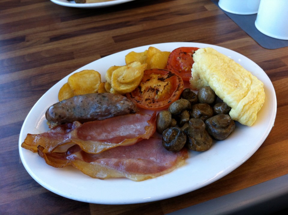 Breakfast with meat on an East Coast train in Britain.