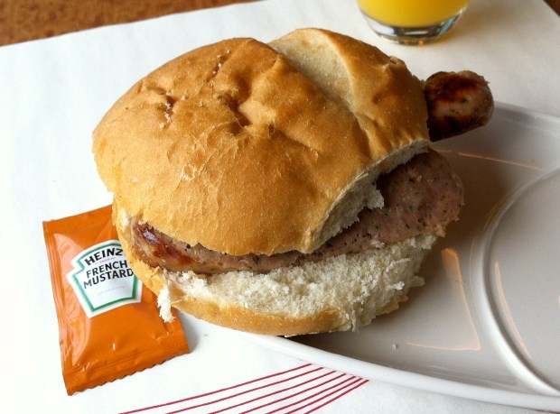 Sausage in a bun served on a Virgin train in Britain.