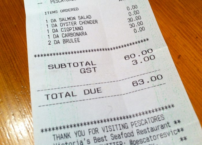 Bill for a Dine Around meal at Pescatores in Victoria.