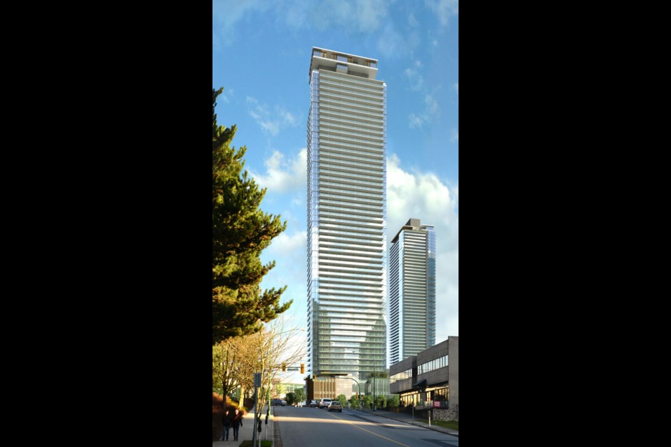 An architectural rendering of what the proposed 53-storey tower atop a three-storey commercial podium will look like at the corner of Halifax Street and Willingdon Avenue. The second tower seen in the background will be subject to a future public hearing, as well.