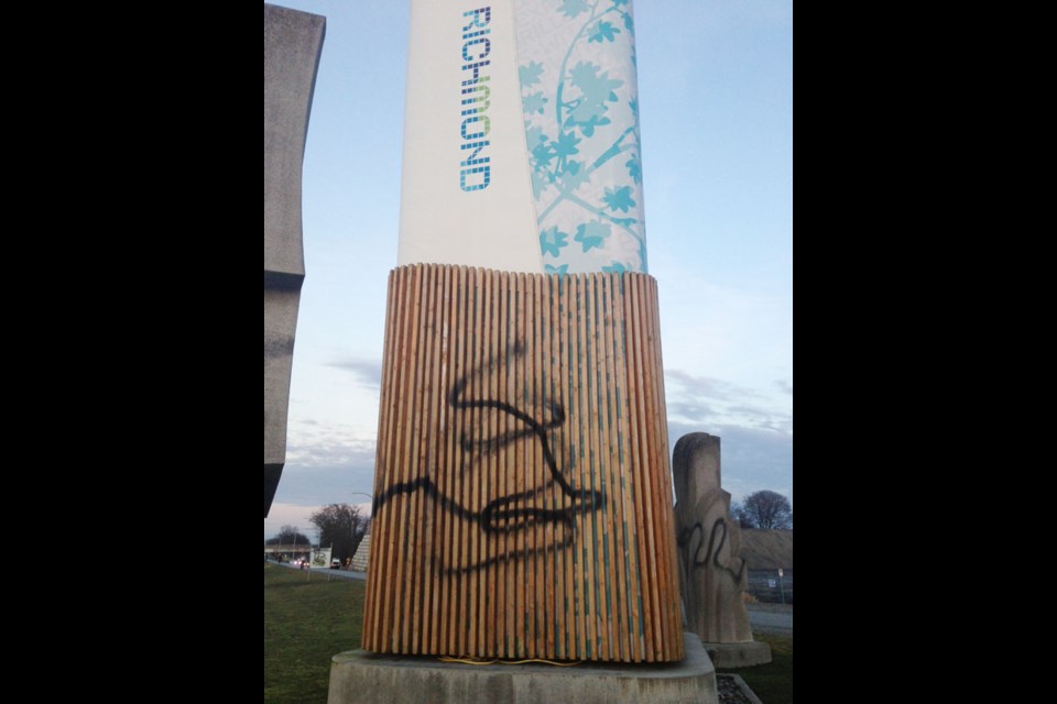 The graffiti 'artist' struck on the middle arm dyke as well, targeting this Olympic oval monument