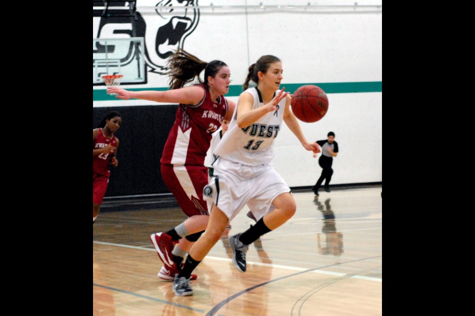 Quarter-final game between Quest University and Kwantlen Polytechnic University in womens basketball at the PacWest Provincial championships at Douglas College