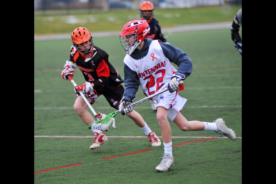 New West vs Centennial in junior tier 1 division at high school field lacrosse provincial championships at Mercer stadium