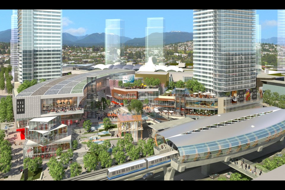 This is a rendering of the central plaza at Brentwood mall, with both proposed towers incorporated. The Halifax Street and Willingdon Avenue tower (pictured on the far left) did not receive second reading from council recently. Council is waiting for staff to address the issues raised by residents about the project at the Feb. 25 public hearing in an upcoming report.