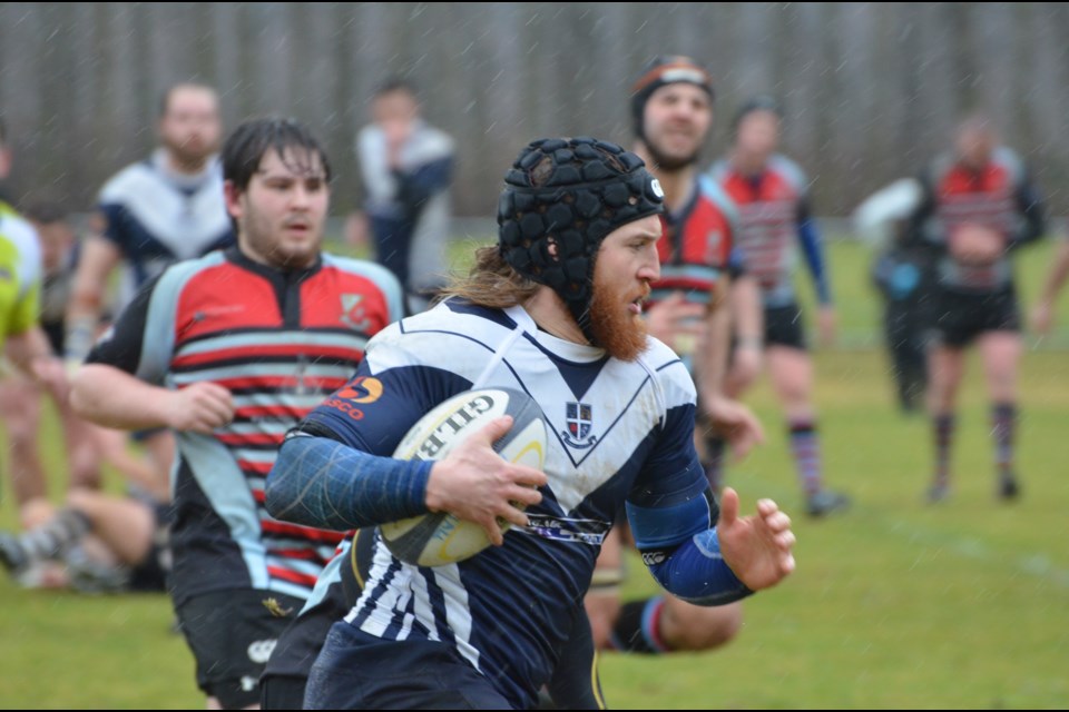 Burnaby Lake Rugby Club's Barry Bonell (man of the match) on the charge in 22-0 win over Castaway Wanderers