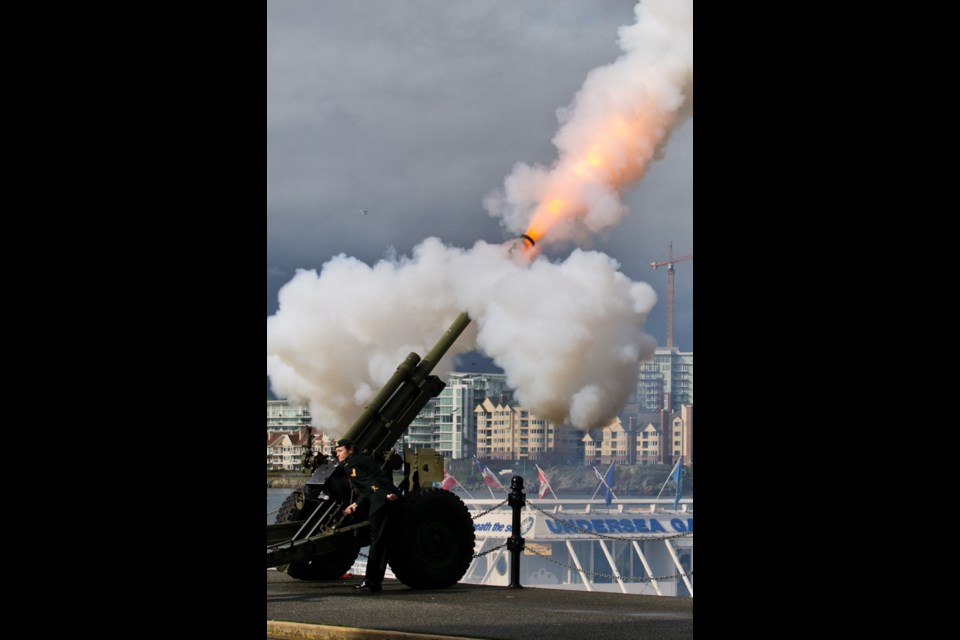 Artillery saluting battery from 5th B.C. Field Regiment Royal Canadian Artillery during the opening of the B.C. legislature on Tuesday.