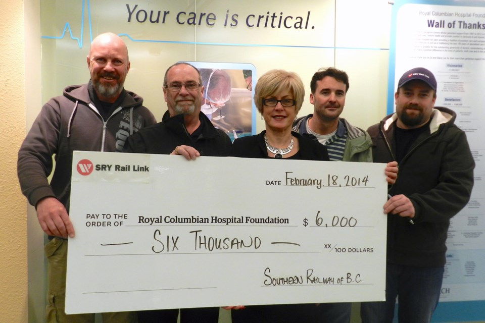 Southern Railway of British Columbia has reached out to help Royal Columbian Hospital. Employees presented the hospital foundation with a cheque for $6,000 for the hospital's urgent needs equipment campaign. From left, Peter Steineckert, Roy Johnson, Sheldon Walsh and Adam Taylor present the cheque to Barbara Becker, the foundation's director of major gifts. A press release notes that Southern Railway of B.C. is matching funds saved by maintaining and excellent employee safety record and donating the proceeds to the hospital foundation, thus promoting safety and giving back to their community at the same time. Southern Railway has donated a total of $96,000 to the hospital foundation since 2012.