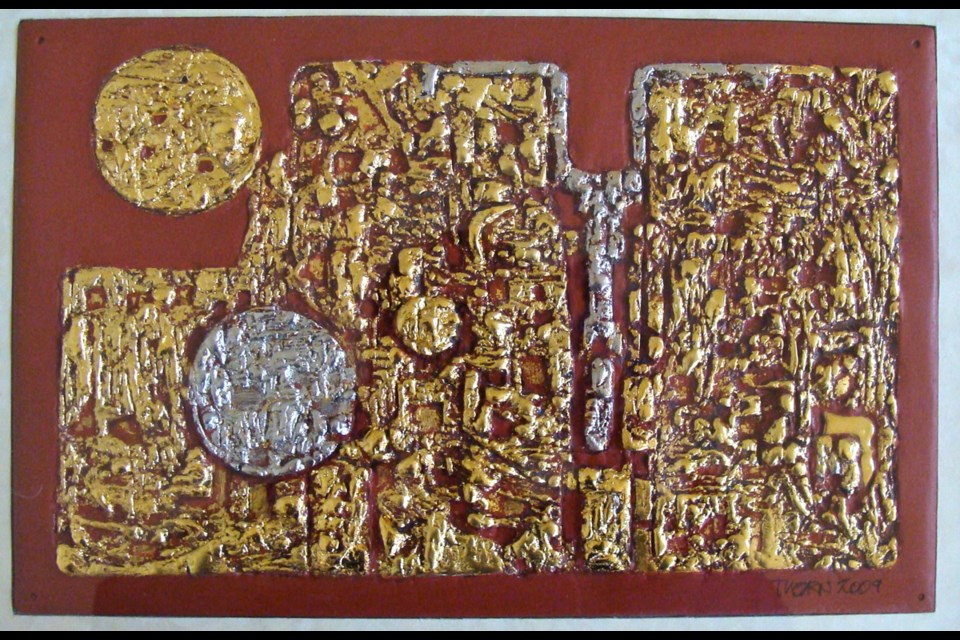 Ninevah Gate, 6 1/2 x 10 inches, cloth gesso, modelling paste, acrylic, fine gold leaf, palladium leaf, pure gold foil, hammered sheet gold 22 ct., on mahogany plywood panel, 2009.