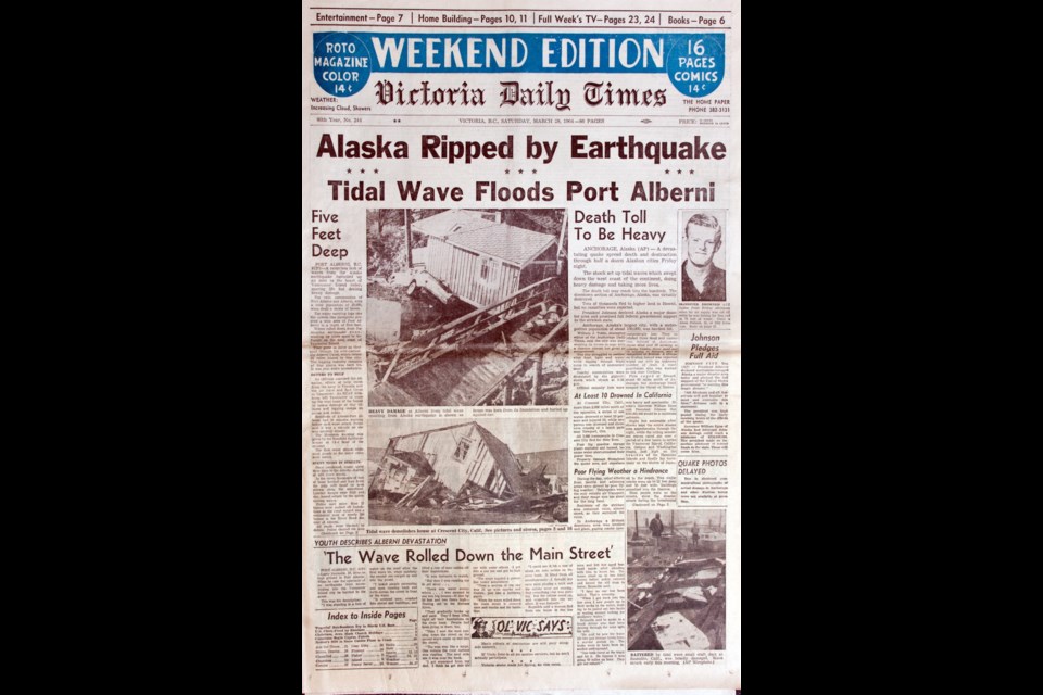 Newspaper headlines from 1964 after the "Big One" struck the West Coast. Hopefully the "Next One" won't strike until at least after August 2017 -- that when B.C. Hydro&Otilde;s new $30-million &Ograve;post-disaster&Oacute; building in Royal Oak is due for completion in August 2017.