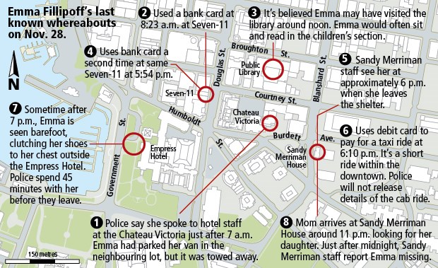 Map: Emma Fillipoff's last known whereabouts on Nov. 28, 2012
