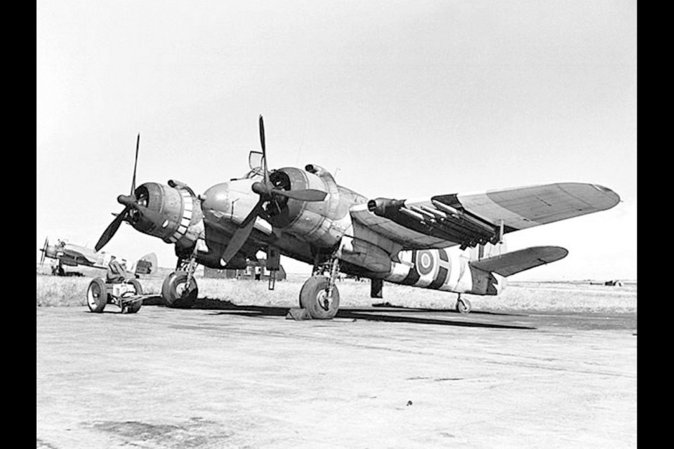 Bristol Beaufighter Mk X, NE255/EE-H, of No. 404 Squadron RCAF at RAF Davidstow Moor. Atholl Sutherland-Brown of Oak Bay flew a plane like this in the Second World War.