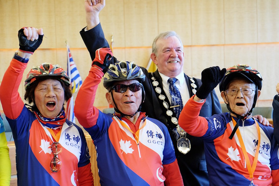 A group of Taiwanese seniors made Burnaby their first stop in a 2,000-kilometer bike ride to promote their home country as a haven of healthy aging. Mayor Derek Corrigan and councillors welcomed the group at city hall and wished them a safe journey.
