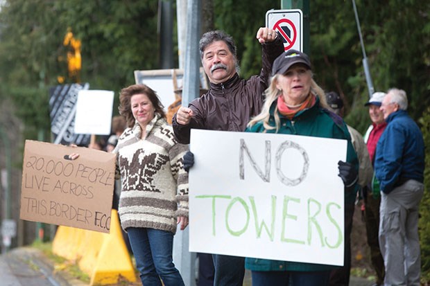 Residents rallied on both sides of the border late last year to show their opposition to radio towers proposed for Point Roberts.