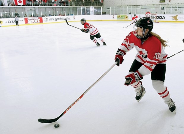North Vancouver's Hannah Miller leads the rush for Team Canada during the IIHF U-18 Women's World Championships held in Budapest, Hungary.