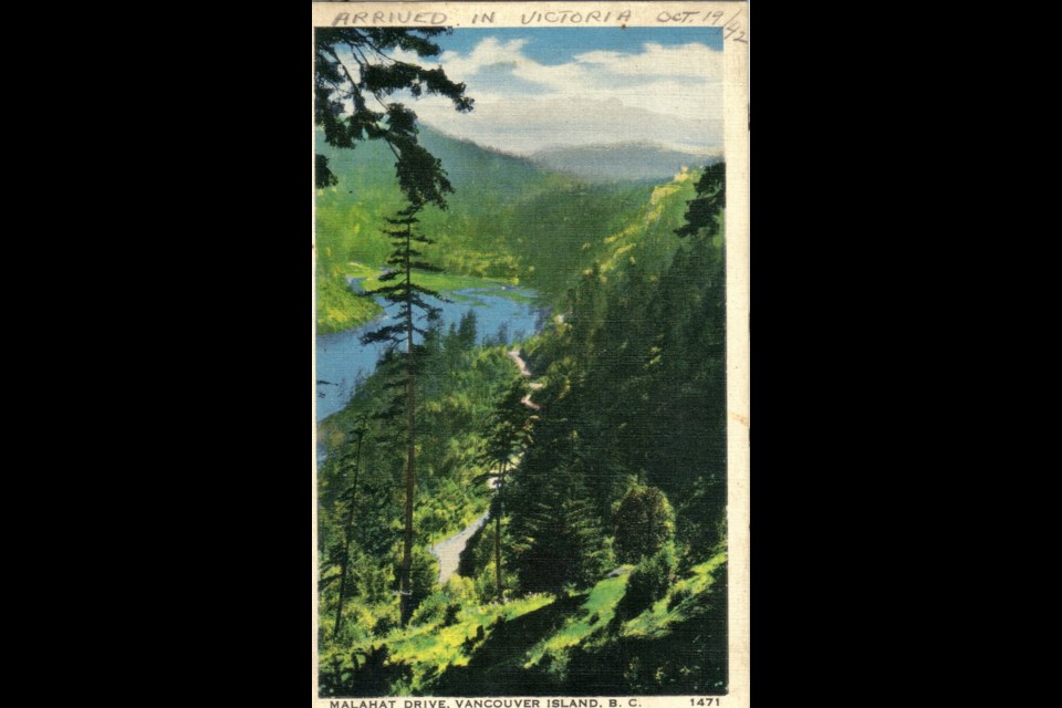 This postcard is from my late mother’s postcard collection. It includes the date we arrived in Victoria to meet my father, who was posted at Sooke with the Royal Canadian Army Medical Corps. — Leona Taylor