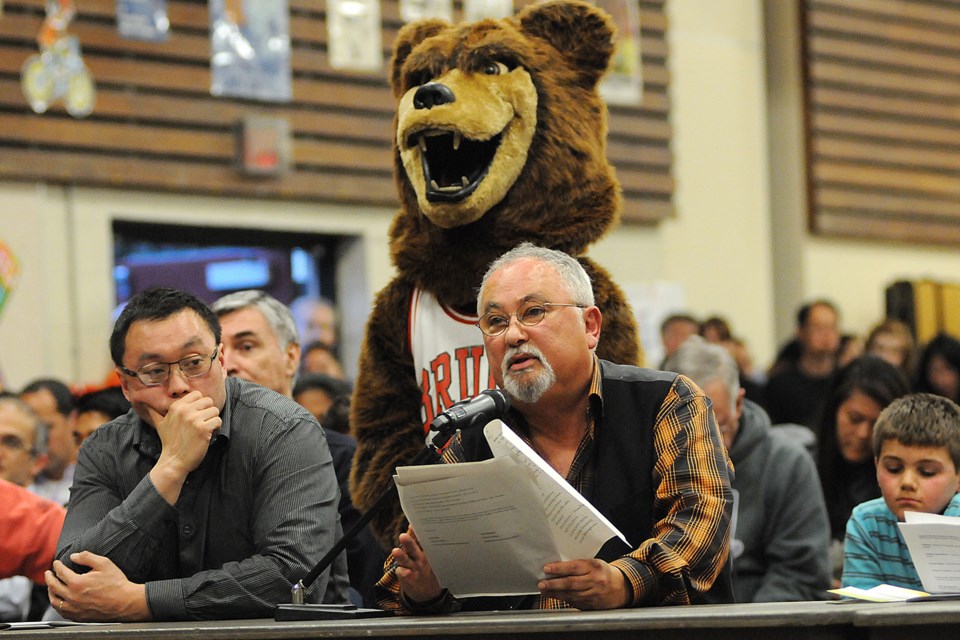 Brian Hall-Stevenson of the group Friends of Athletics addresses the Vancouver School Board at the first of three public sessions on the preliminary 2014-2015 budget. photo Dan Toulgoet