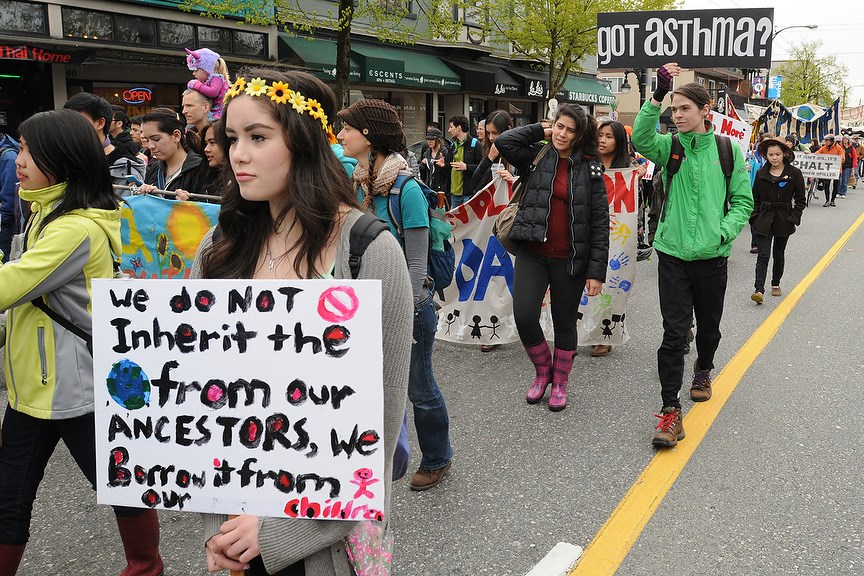 Windermere students led a parade along Commercial Drive Monday. Photo Dan Toulgoet