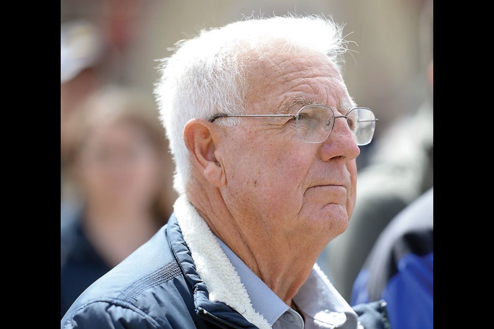 John Little at the Walk for Justice protest at the Prince George Law Courts Wednesday. His son, Alan Little, was killed in the Lakeland Mill explosion.