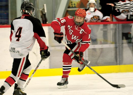 Jordy Bellerive of the North Shore Winter Club’s bantam A1 team flashes his skill during a recent game. The captain was one of three Winterhawks taken in the first five picks of the Western Hockey League bantam draft held Thursday. In total, seven players from the same team were picked. photo supplied