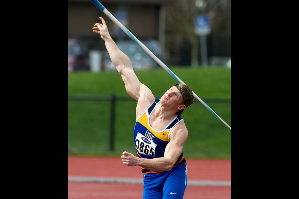 Andy White fires a javelin during a recent meet with the UBC Thunderbirds team.