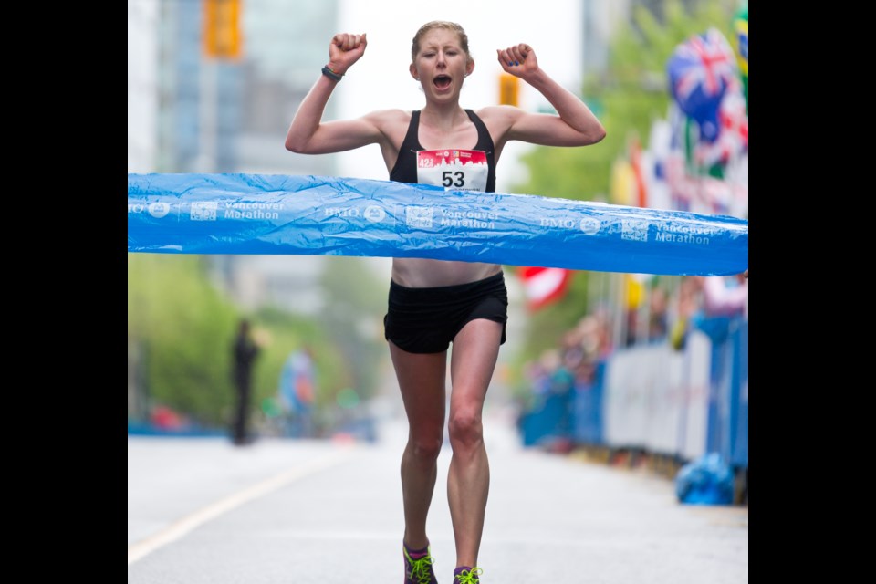 Kimberley Doerksen, a Vancouver Falcons runner from Gibsons, wins the women's BMO Vancouver Marathon on May 4, 2014.